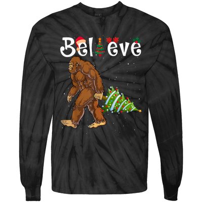 Santa Bigfoot Christmas Lights Rock Funny Sasquatch Believe Tie-Dye Long Sleeve Shirt