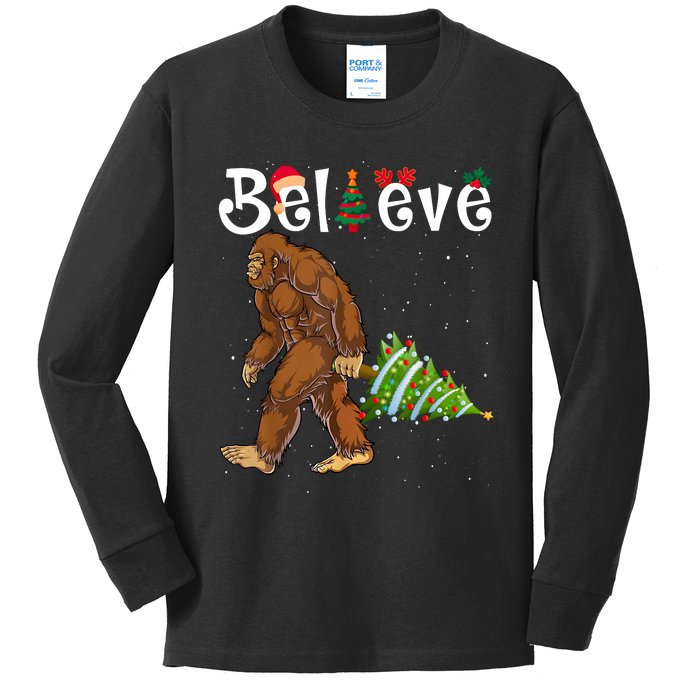 Santa Bigfoot Christmas Lights Rock Funny Sasquatch Believe Kids Long Sleeve Shirt