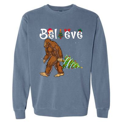 Santa Bigfoot Christmas Lights Rock Funny Sasquatch Believe Garment-Dyed Sweatshirt