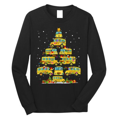 School Bus Christmas Tree Lights Funny Bus Driver Xmas Pjs Long Sleeve Shirt