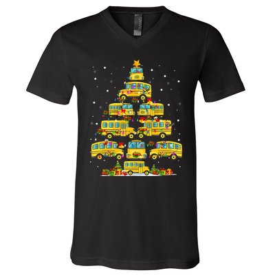 School Bus Christmas Tree Lights Funny Bus Driver Xmas Pjs V-Neck T-Shirt