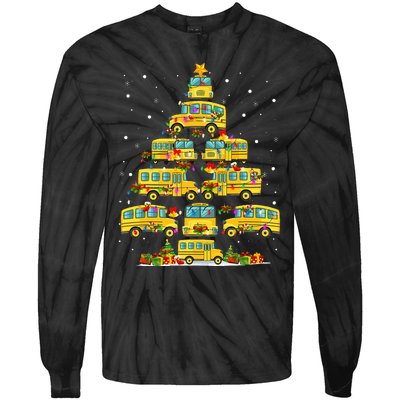 School Bus Christmas Tree Lights Funny Bus Driver Xmas Pjs Tie-Dye Long Sleeve Shirt