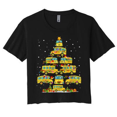 School Bus Christmas Tree Lights Funny Bus Driver Xmas Pjs Women's Crop Top Tee