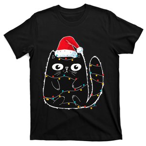 Santa Black Cat Tangled Up In Christmas Cat Lover Xmas Light T-Shirt