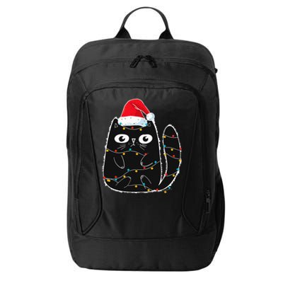 Santa Black Cat Tangled Up In Christmas Cat Lover Xmas Light City Backpack