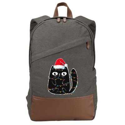 Santa Black Cat Tangled Up In Christmas Cat Lover Xmas Light Cotton Canvas Backpack