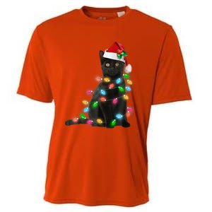 Santa Black Cat Tangled Up In Christmas Tree Lights Holiday Funny Gift Cooling Performance Crew T-Shirt