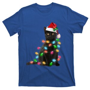 Santa Black Cat Tangled Up In Christmas Tree Lights Holiday Funny Gift T-Shirt