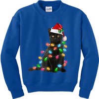 Santa Black Cat Tangled Up In Christmas Tree Lights Holiday Funny Gift Kids Sweatshirt