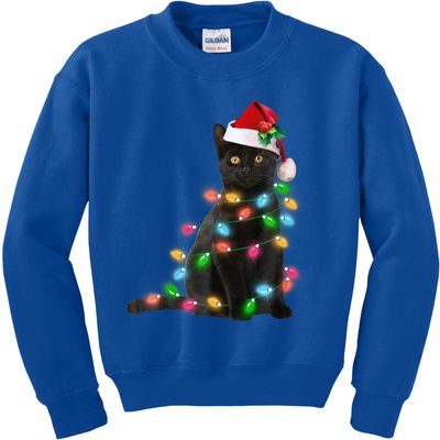 Santa Black Cat Tangled Up In Christmas Tree Lights Holiday Funny Gift Kids Sweatshirt