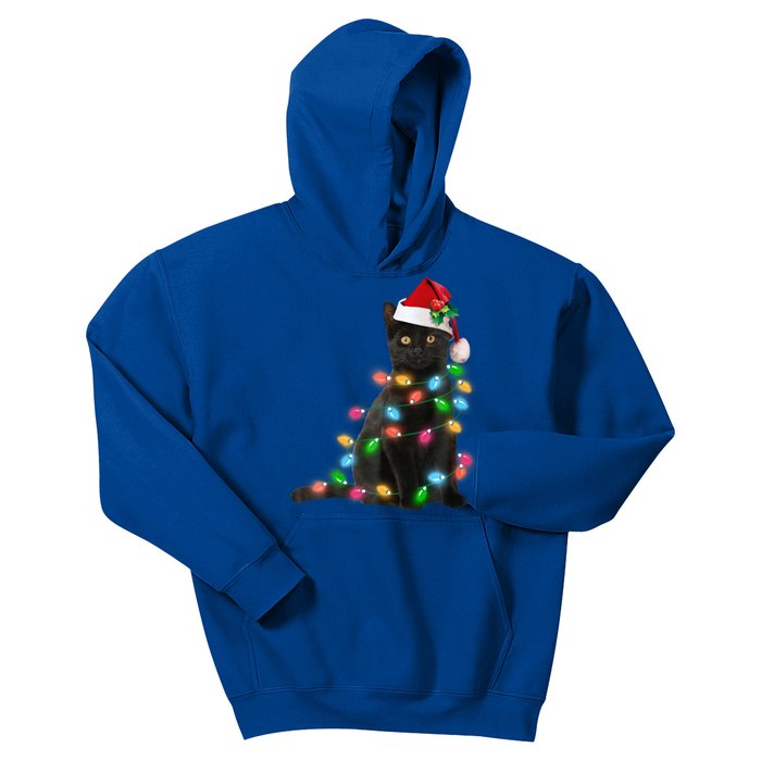 Santa Black Cat Tangled Up In Christmas Tree Lights Holiday Funny Gift Kids Hoodie