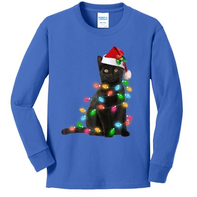 Santa Black Cat Tangled Up In Christmas Tree Lights Holiday Funny Gift Kids Long Sleeve Shirt