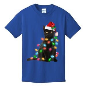 Santa Black Cat Tangled Up In Christmas Tree Lights Holiday Funny Gift Kids T-Shirt