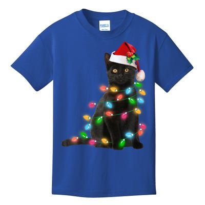 Santa Black Cat Tangled Up In Christmas Tree Lights Holiday Funny Gift Kids T-Shirt