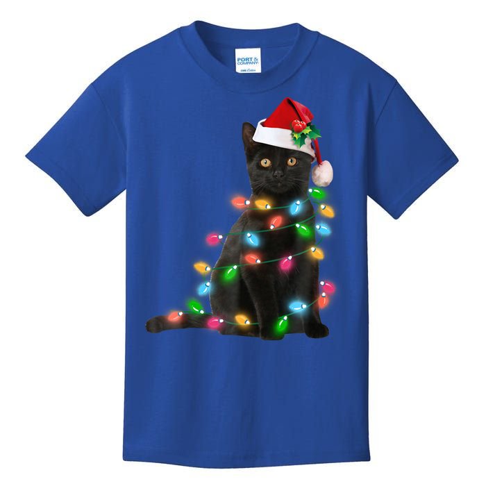 Santa Black Cat Tangled Up In Christmas Tree Lights Holiday Funny Gift Kids T-Shirt