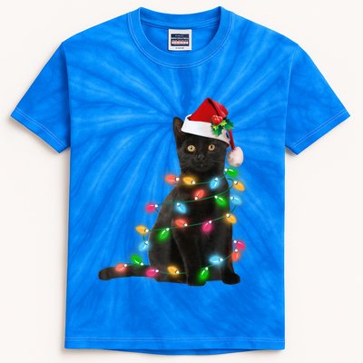 Santa Black Cat Tangled Up In Christmas Tree Lights Holiday Funny Gift Kids Tie-Dye T-Shirt