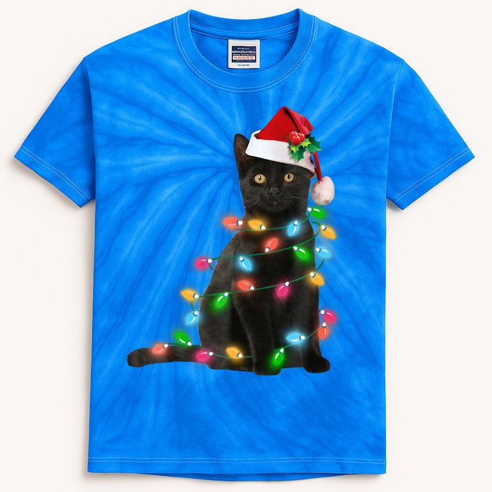 Santa Black Cat Tangled Up In Christmas Tree Lights Holiday Funny Gift Kids Tie-Dye T-Shirt