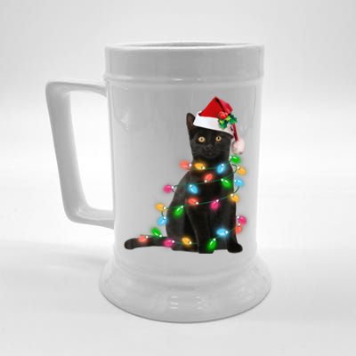 Santa Black Cat Tangled Up In Christmas Tree Lights Holiday Funny Gift Beer Stein