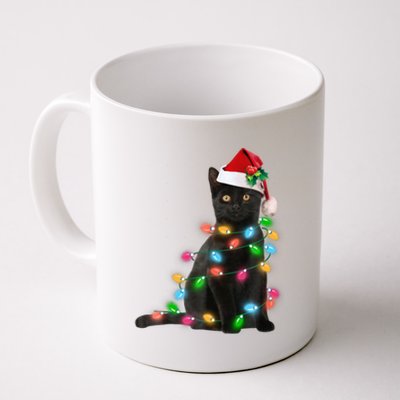 Santa Black Cat Tangled Up In Christmas Tree Lights Holiday Funny Gift Coffee Mug