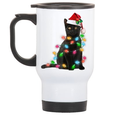 Santa Black Cat Tangled Up In Christmas Tree Lights Holiday Funny Gift Stainless Steel Travel Mug