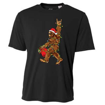 Santa Bigfoot Christmas Lights Rock Funny Sasquatch Believe Cooling Performance Crew T-Shirt