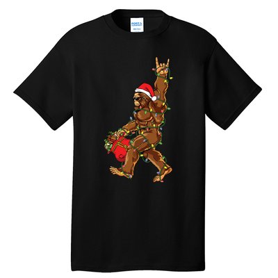 Santa Bigfoot Christmas Lights Rock Funny Sasquatch Believe Tall T-Shirt