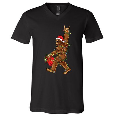 Santa Bigfoot Christmas Lights Rock Funny Sasquatch Believe V-Neck T-Shirt