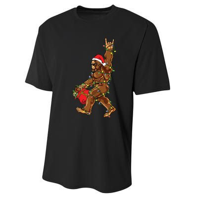 Santa Bigfoot Christmas Lights Rock Funny Sasquatch Believe Performance Sprint T-Shirt