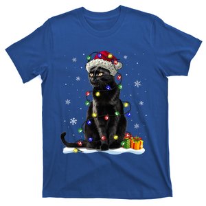 Santa Black Cat Tangled Up In Christmas Tree Lights Holiday Great Gift T-Shirt