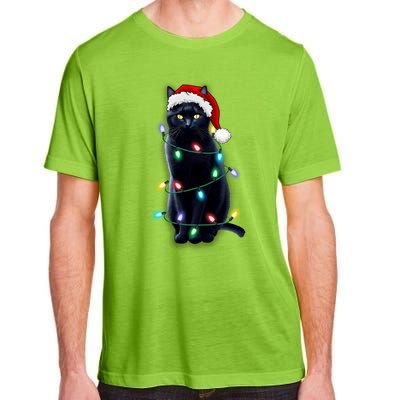 Santa Black Cat Tangled Up In Christmas Tree Lights Holiday Gift Adult ChromaSoft Performance T-Shirt