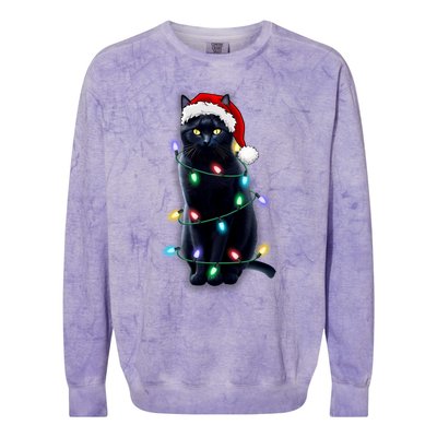 Santa Black Cat Tangled Up In Christmas Tree Lights Holiday Gift Colorblast Crewneck Sweatshirt