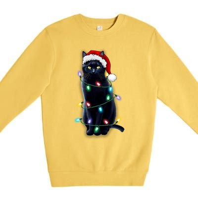 Santa Black Cat Tangled Up In Christmas Tree Lights Holiday Gift Premium Crewneck Sweatshirt