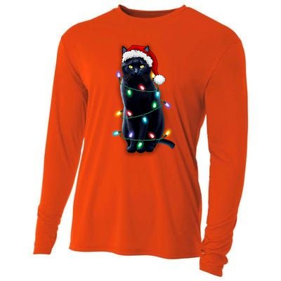 Santa Black Cat Tangled Up In Christmas Tree Lights Holiday Gift Cooling Performance Long Sleeve Crew