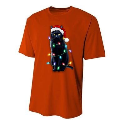 Santa Black Cat Tangled Up In Christmas Tree Lights Holiday Gift Performance Sprint T-Shirt