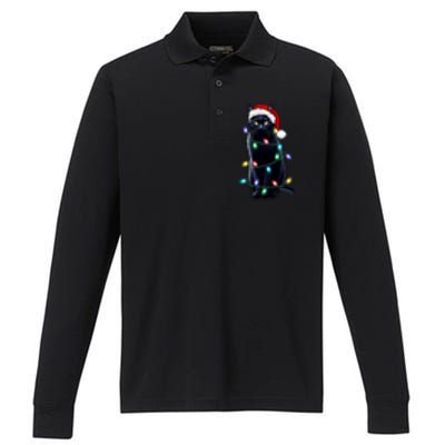 Santa Black Cat Tangled Up In Christmas Tree Lights Holiday Gift Performance Long Sleeve Polo