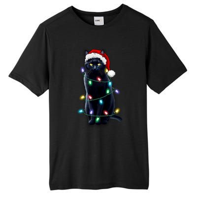 Santa Black Cat Tangled Up In Christmas Tree Lights Holiday Gift Tall Fusion ChromaSoft Performance T-Shirt