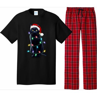 Santa Black Cat Tangled Up In Christmas Tree Lights Holiday Gift Pajama Set