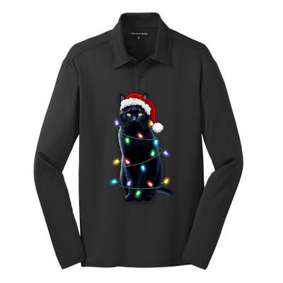 Santa Black Cat Tangled Up In Christmas Tree Lights Holiday Gift Silk Touch Performance Long Sleeve Polo