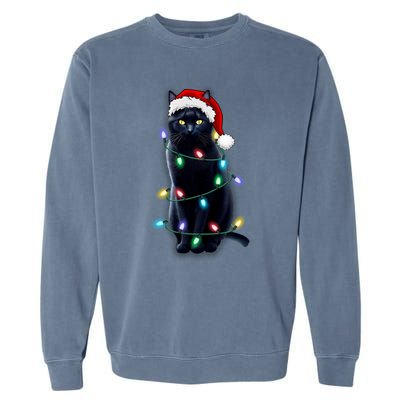 Santa Black Cat Tangled Up In Christmas Tree Lights Holiday Gift Garment-Dyed Sweatshirt