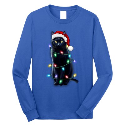 Santa Black Cat Tangled Up In Christmas Tree Lights Holiday Gift Long Sleeve Shirt