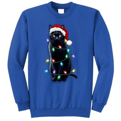 Santa Black Cat Tangled Up In Christmas Tree Lights Holiday Gift Sweatshirt