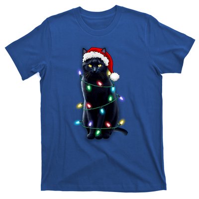 Santa Black Cat Tangled Up In Christmas Tree Lights Holiday Gift T-Shirt