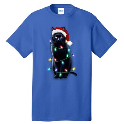 Santa Black Cat Tangled Up In Christmas Tree Lights Holiday Gift Tall T-Shirt