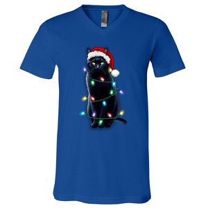 Santa Black Cat Tangled Up In Christmas Tree Lights Holiday Gift V-Neck T-Shirt