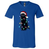 Santa Black Cat Tangled Up In Christmas Tree Lights Holiday Gift V-Neck T-Shirt