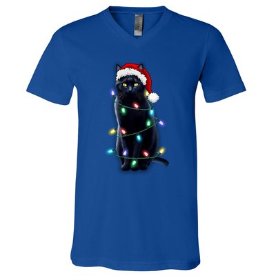 Santa Black Cat Tangled Up In Christmas Tree Lights Holiday Gift V-Neck T-Shirt