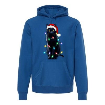 Santa Black Cat Tangled Up In Christmas Tree Lights Holiday Gift Premium Hoodie