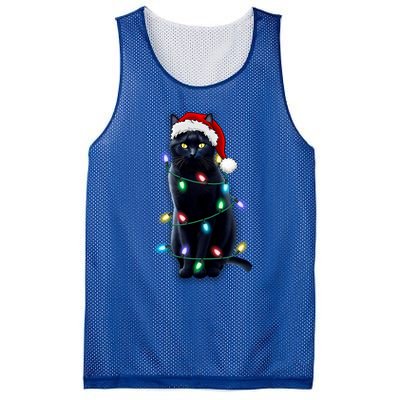 Santa Black Cat Tangled Up In Christmas Tree Lights Holiday Gift Mesh Reversible Basketball Jersey Tank