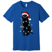 Santa Black Cat Tangled Up In Christmas Tree Lights Holiday Gift Premium T-Shirt