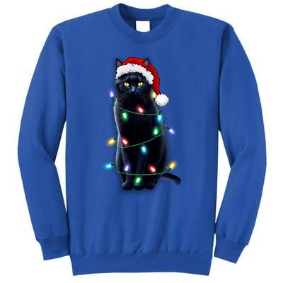 Santa Black Cat Tangled Up In Christmas Tree Lights Holiday Gift Tall Sweatshirt